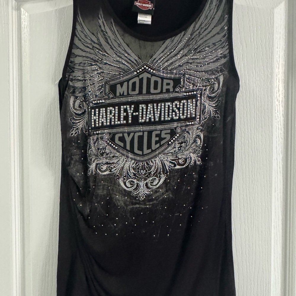 Harley-Davidson Black Graphic Tunic Top with Rhinestones for Women